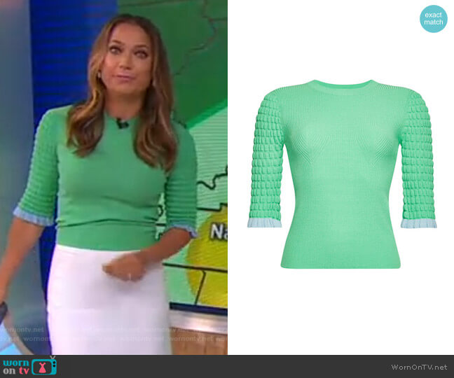 See by Chloe Ribbed Top with Ruffle Trim worn by Ginger Zee on Good Morning America