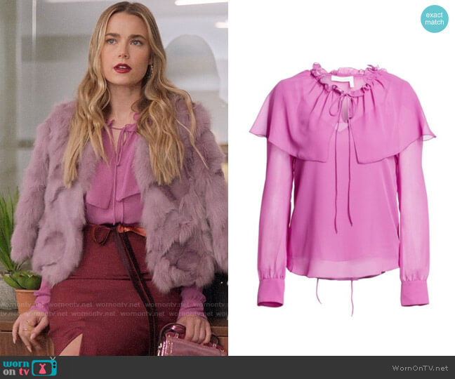 See by Chloe Sheer Ruffle Blouse worn by Ainsley Howard (Rebecca Rittenhouse) on Four Weddings and a Funeral