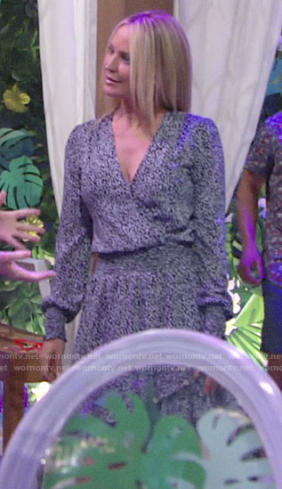 Sharon’s blue printed wrap front dress on The Young and the Restless