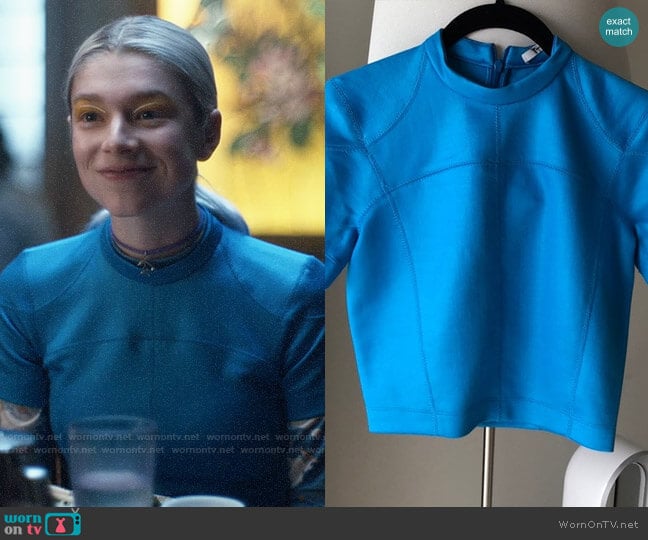 T by Alexander Wang Shiny Blue Crop Top worn by Jules Vaughn (Hunter Schafer) on Euphoria