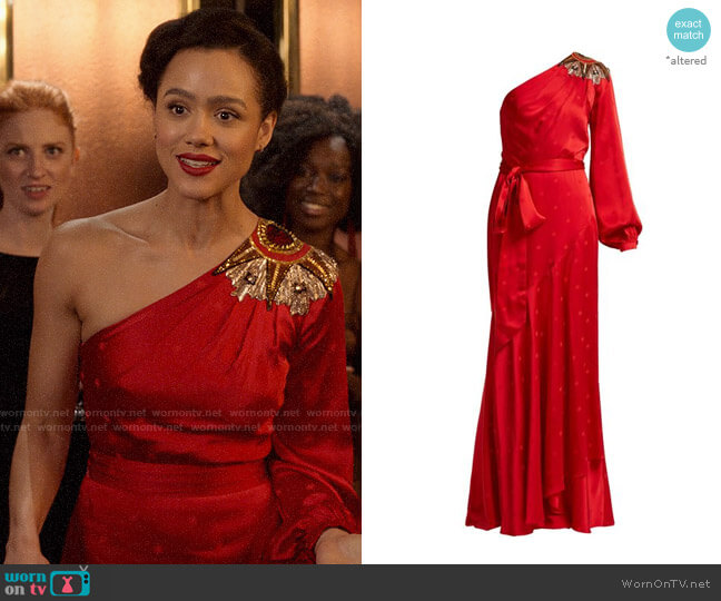 Temperley London Parachute Embellished Satin Gown worn by Maya (Nathalie Emmanuel) on Four Weddings and a Funeral