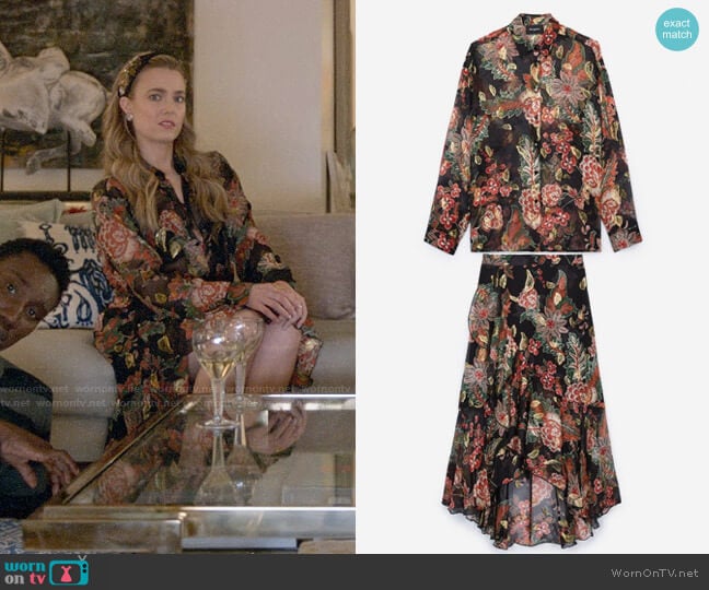 The Kooples Bollywood Metallic Floral Blouse worn by Ainsley Howard (Rebecca Rittenhouse) on Four Weddings and a Funeral
