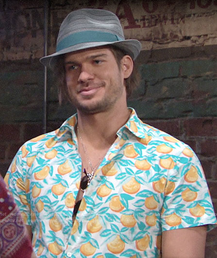 Theo’s orange print shirt on The Young and the Restless