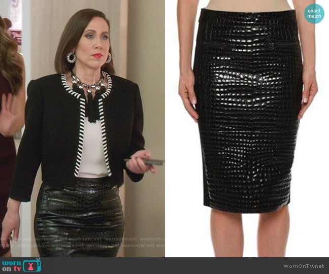 Tom Ford Crocodile Embossed Chantilly Lace Trim Skirt worn by Diana Trout (Miriam Shor) on Younger