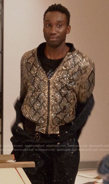 Tony’s sequin bomber jacket on Four Weddings and a Funeral