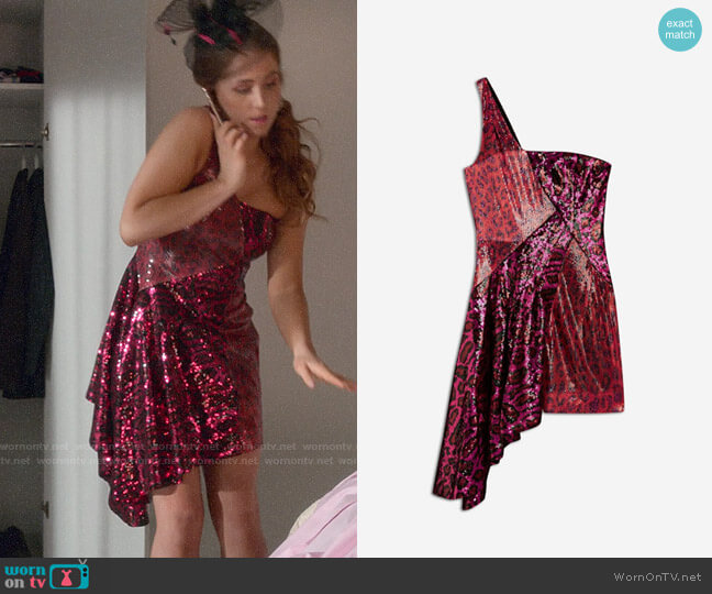 Topshop X Halpern Sequin Asymmetric Dress worn by Zara (Sophia La Porta) on Four Weddings and a Funeral