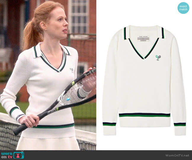 Tory Sport Ribbed Merino Polo Sweater worn by Gemma (Zoe Boyle) on Four Weddings and a Funeral