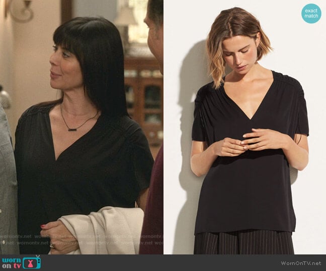 Vince Shirred Short-Sleeve V-Neck Top worn by Cassandra Nightingale (Catherine Bell) on Good Witch