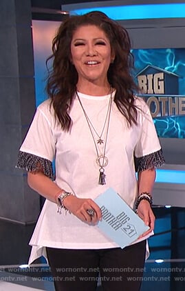 Julie’s white asymmetric fringe sleeve top on Big Brother