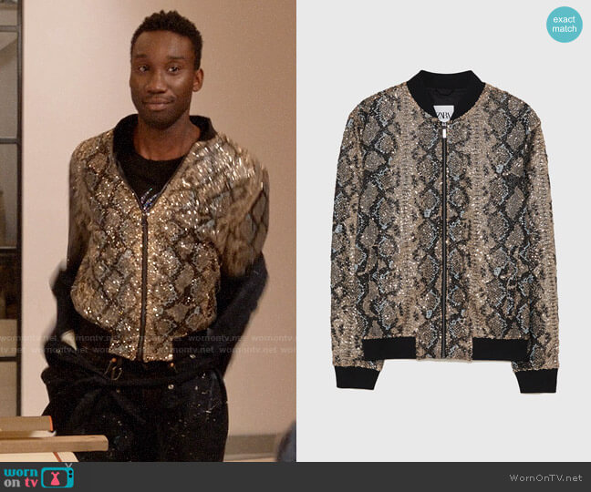 Zara Snakeskin Print Sequinned Bomber Jacket worn by Tony (Nathan Stewart-Jarrett) on Four Weddings and a Funeral