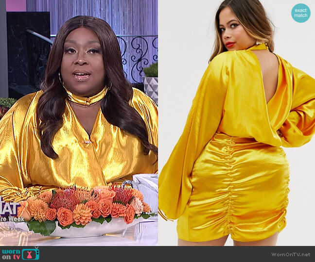 Asos Curve Satin Mini Dress with Ruched Skirt and Blouson Top worn by Loni Love on The Real