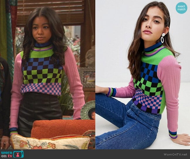 Asos Mixed Checkerboard Sweater with Tipping worn by Nia Baxter (Navia Robinson) on Ravens Home