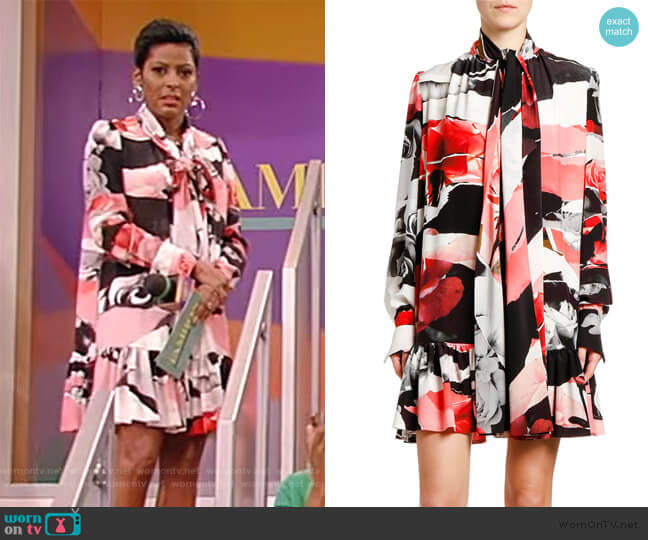 Alexander McQueen Torn Rose-Print Tie-Neck Dress worn by Tamron Hall on Tamron Hall Show