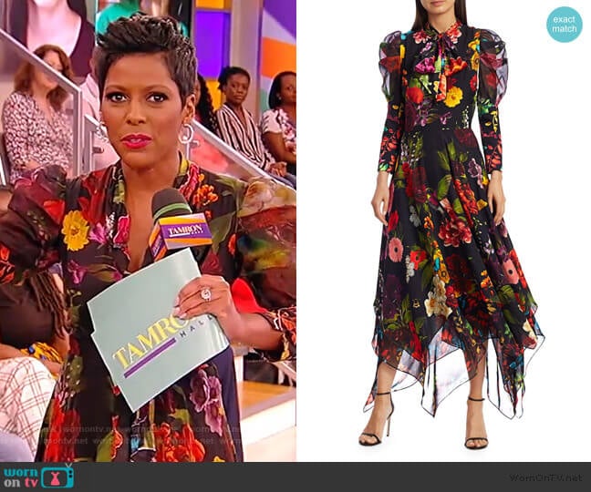 Alice + Olivia Karen Floral Puff Sleeve Handkerchief Midi Dress worn by Tamron Hall on Tamron Hall Show