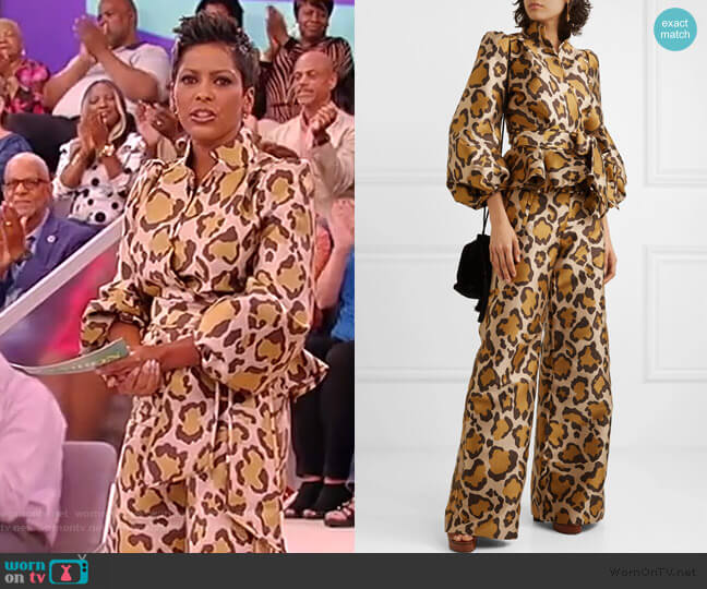 Anna Mason Stella leopard-jacquard wrap blouse worn by Tamron Hall on Tamron Hall Show