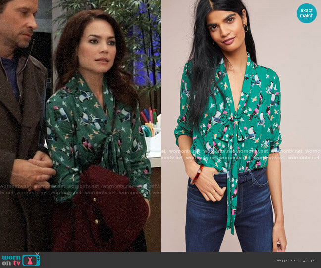 Colloquial Neck-Tie Blouse from Anthropologie worn by Elizabeth Webber (Rebecca Herbst) on General Hospital