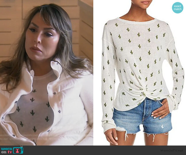 Aqua Cactus Print Twist-Front Sweater worn by Kelly Dodd on The Real Housewives of Orange County