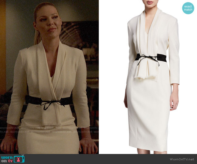 Atelier Caito for Herve Pierre 3/4-Sleeve Bow-Belted Cocktail Dress worn by Samantha Wheeler (Katherine Heigl) on Suits