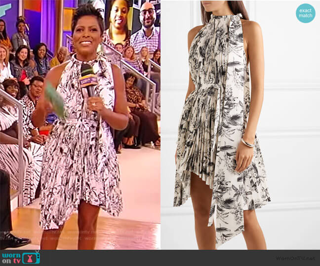 A.W.A.K.E. MODE Doric asymmetric pleated printed faille dress worn by Tamron Hall on Tamron Hall Show