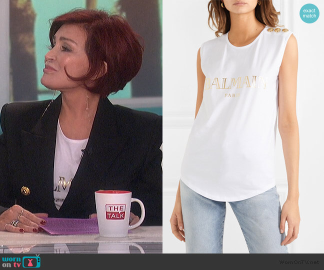 Balmain Button-embellished printed cotton-jersey tank worn by Sharon Osbourne on The Talk