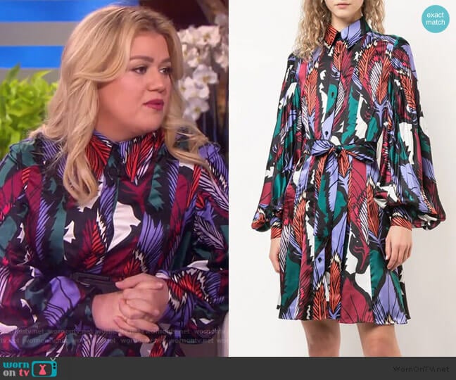 Carolina Herrera Feather Print Shirt Dress with Tie Waist worn by Kelly Clarkson on The Kelly Clarkson Show