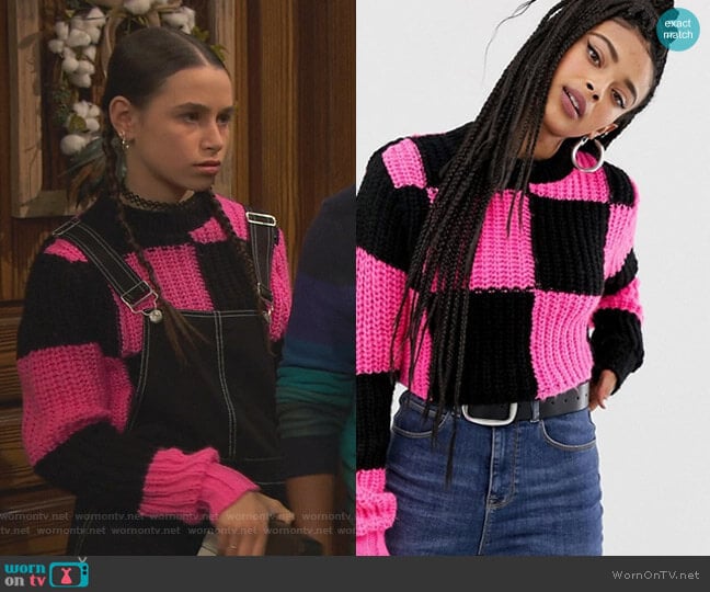 Collusion Checkerboard Sweater worn by Tess O'Malley (Sky Katz) on Ravens Home