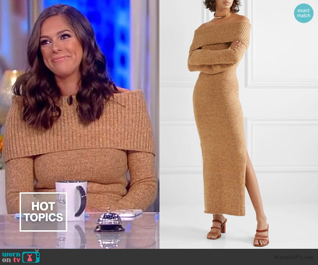 Cult Gaia Mariel off-the-shoulder knitted maxi dress worn by Abby Huntsman on The View
