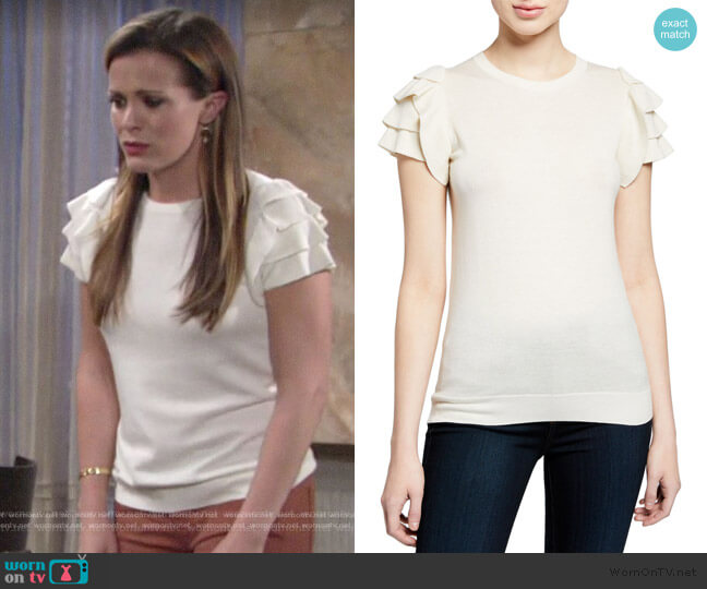 Neiman Marcus Cashmere Collection Cashmere Short-Sleeve Ruffle-Shoulder Top worn by Chelsea Lawson (Melissa Claire Egan) on The Young and the Restless