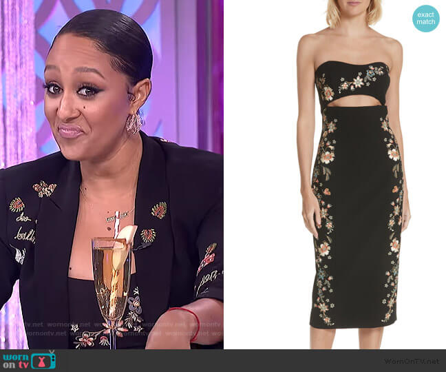 Cinq a Sept Clemence Embroidered Strapless Dress worn by Tamera Mowry on The Real