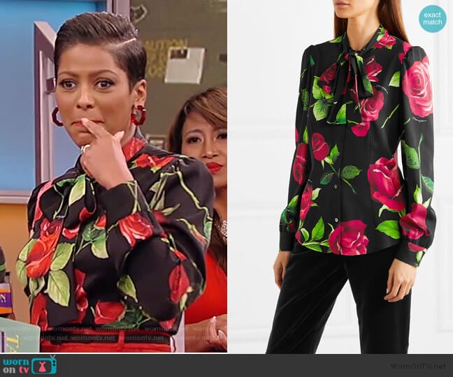 Dolce & Gabbana Pussy-bow floral-print silk-blend blouse worn by Tamron Hall on Tamron Hall Show