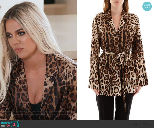 Dolce & Gabbana Leopard-Print Satin Pajama Shirt worn by Khloe Kardashian on Keeping Up with the Kardashians