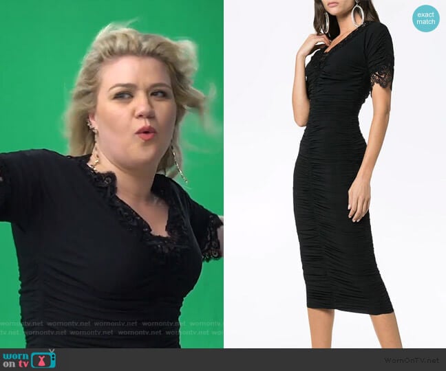 Dolce & Gabbana Lace Trimmed Ruched Silk Georgette Dress worn by Kelly Clarkson on The Kelly Clarkson Show