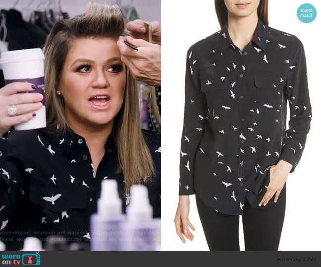 Equipment Slim Signature Bird Print Silk Shirt worn by Kelly Clarkson on The Kelly Clarkson Show