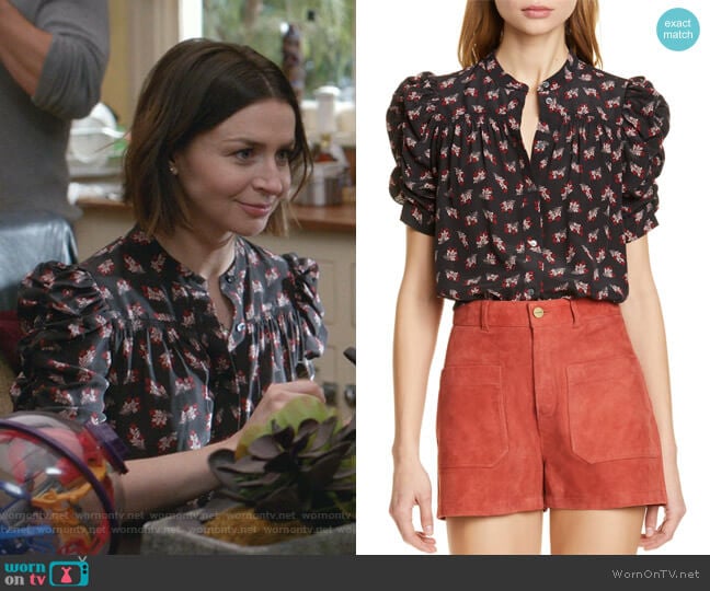 Frame Floral Ruched Sleeve Silk Blouse worn by Amelia Shepherd (Caterina Scorsone) on Greys Anatomy