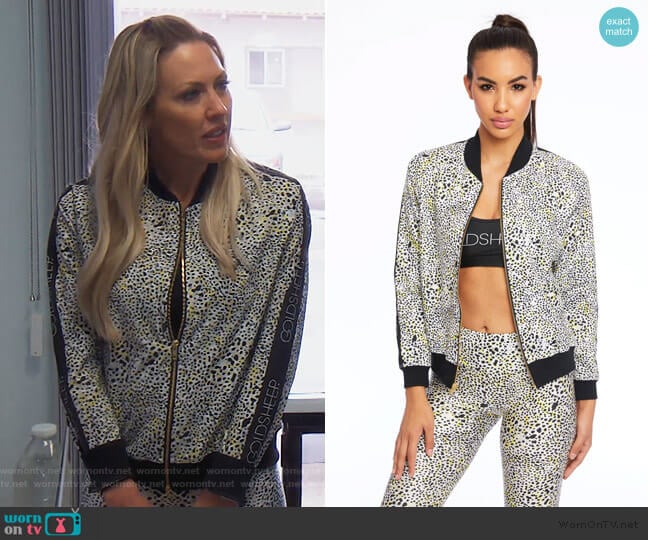 Gold Sheep Clothing Leopard Spot Bomber Jacket worn by Braunwyn Windham-Burke on The Real Housewives of Orange County