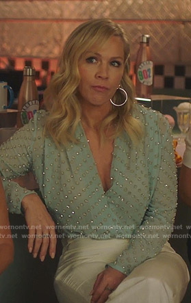Jennie’s green embellished wrap top on BH90210