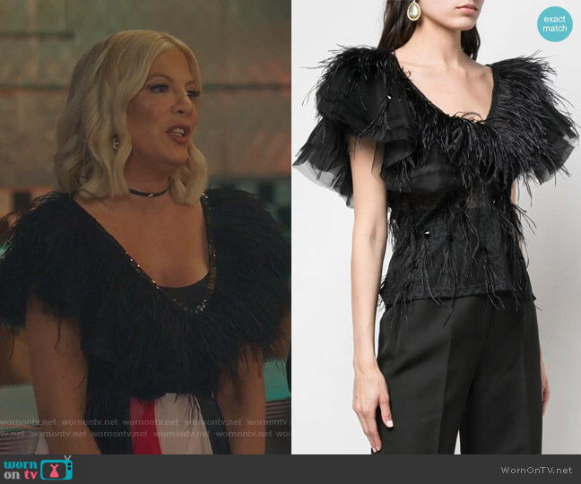 Johanna Ortiz Feather Trim Sheer Blouse worn by Tori Spelling (Tori Spelling) on BH90210