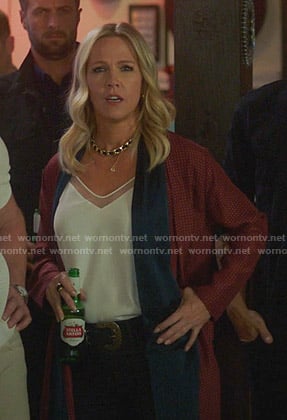 Jennie’s navy and red polka dot jacket on BH90210