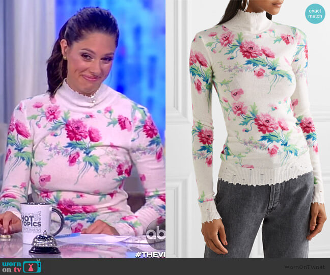 Les Reveries Distressed floral-print cashmere turtleneck sweater worn by Abby Huntsman on The View