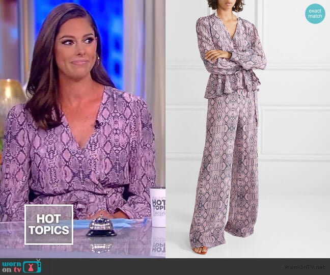 Les Reveries Ruffled snake-print silk wrap-effect jumpsuit worn by Abby Huntsman on The View