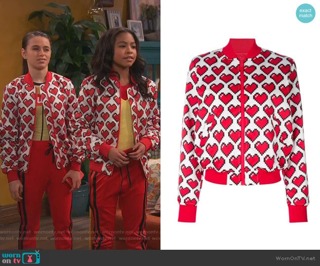 Love Moschino Allover Heart Print Bomber Jacket worn by Nia Baxter (Navia Robinson) on Ravens Home