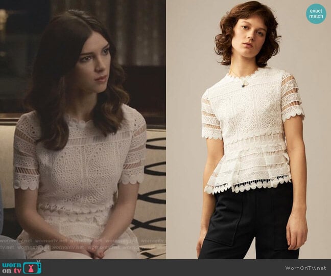 Maje Loseray Lace Embroidered Peplum Blouse worn by Alicia Mendoza (Denyse Tontz) on Grand Hotel