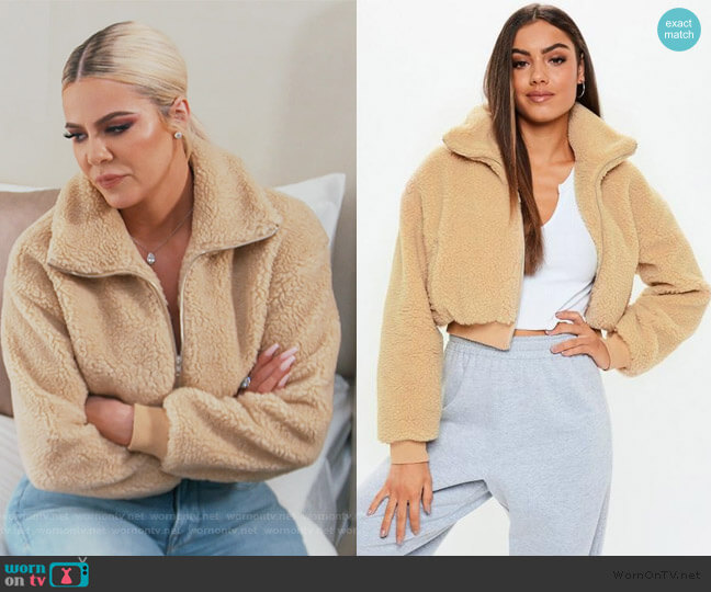 Missguided Chunky Crop Zip Through Teddy Jacket worn by Khloe Kardashian on Keeping Up with the Kardashians