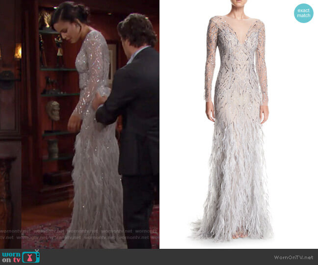 Monique Lhuillier Embellished Long-Sleeve Illusion Evening Gown with Feather Skirt