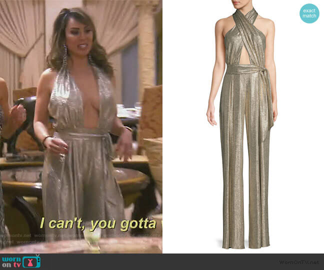 PatBO Lame Wrap-Front Halter Jumpsuit worn by Kelly Dodd on The Real Housewives of Orange County