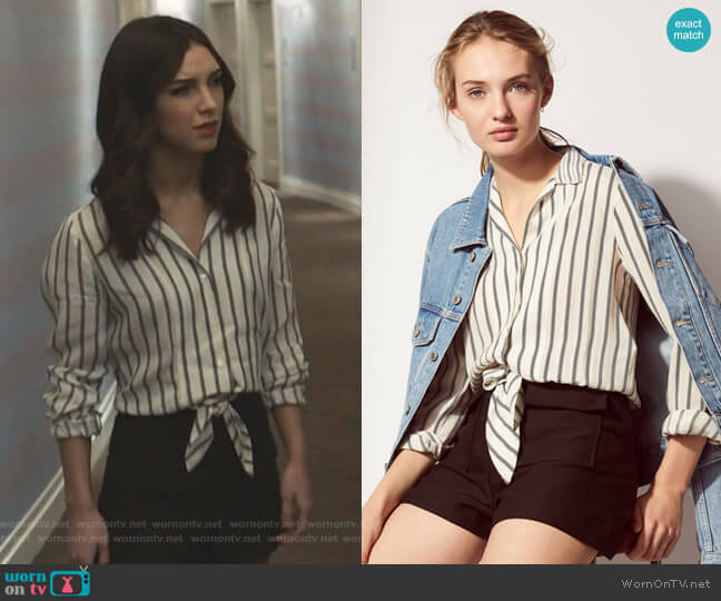 Sandro Playsuit with Striped Tie-Front Shirt worn by Alicia Mendoza (Denyse Tontz) on Grand Hotel