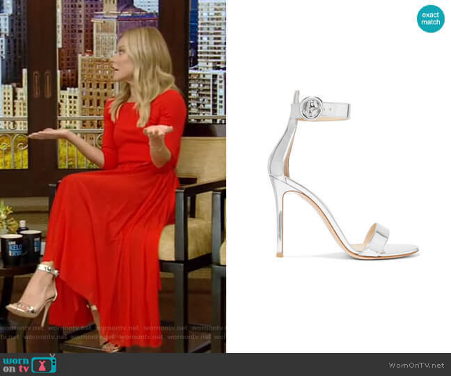 Gianvito Rossi Portofino Metallic Leather Sandals worn by Kelly Ripa on Live with Kelly and Mark