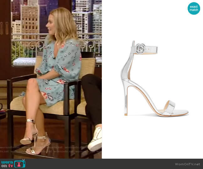Gianvito Rossi Portofino Metallic Leather Sandals worn by Kelly Ripa on Live with Kelly and Mark