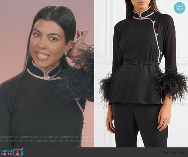 Prada Feather-trimmed silk-crepon top worn by Kourtney Kardashian on Keeping Up with the Kardashians
