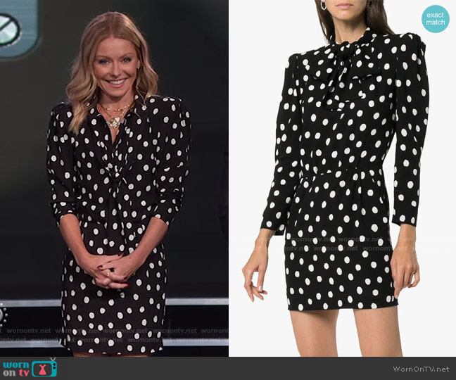 Saint Laurent Pussy-Bow Printed Crepe Mini Dress worn by Kelly Ripa on Live with Kelly and Mark
